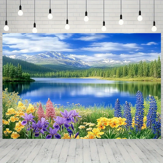1pc Vibrant Spring Forest and Lake Landscape Backdrop - Polyester, Reusable Photography Background for Home Decor, Birthday, Anniversary, Wedding - Versatile Indoor/Outdoor Wall Decoration, Outdoor Deco