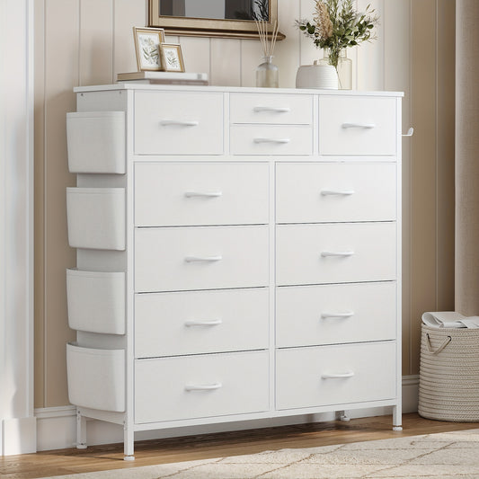 AOWOS 12 Drawer Fabric Dresser with Metal Frame And Wooden Tabletop, Chest of Drawers with Side Pockets And Hooks, Storage Dresser, Fabric Storage Tower, Fabric Drawer Organizer for Bedroom, Living Room, Closet, Hallway