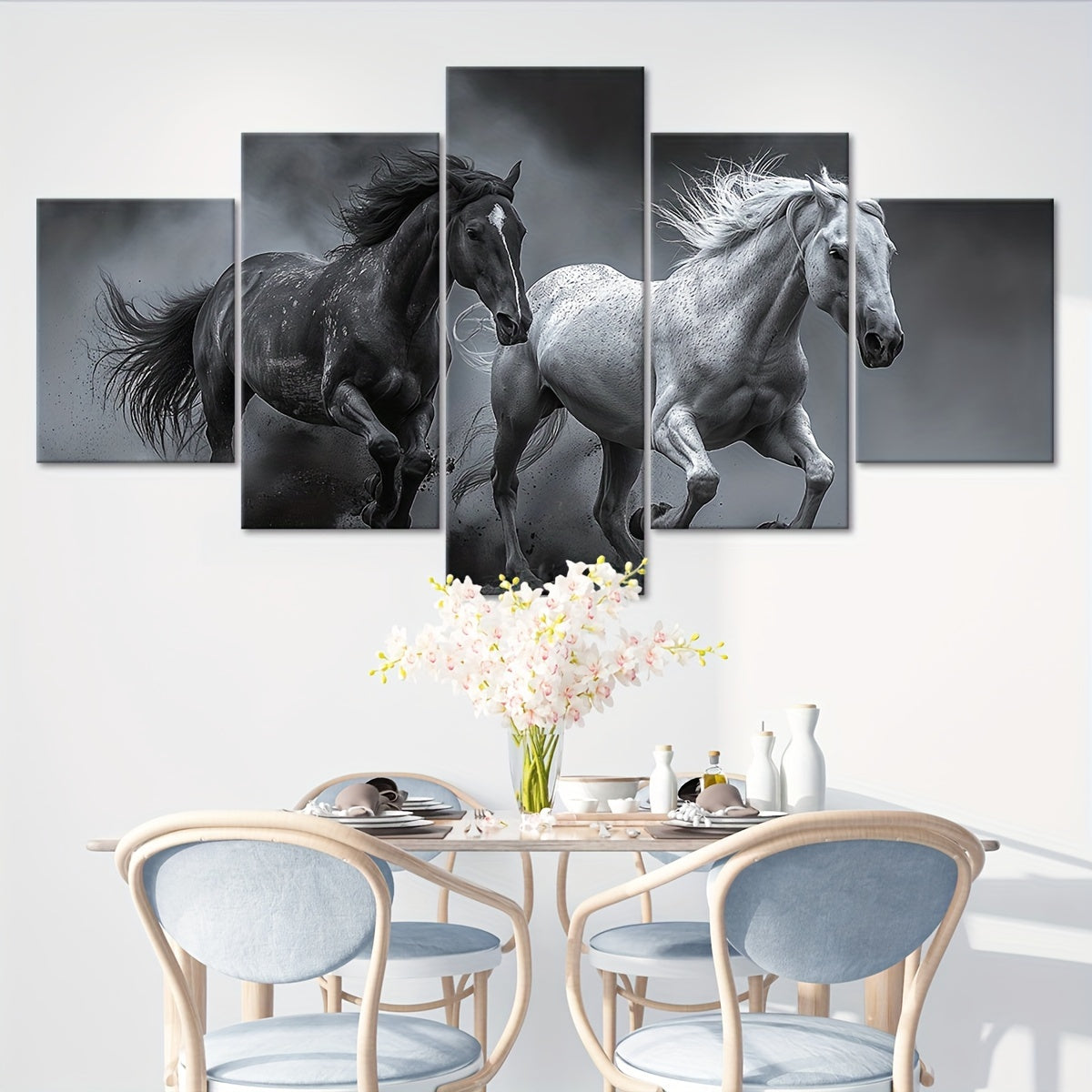 2D Flat 5pcs Frame Animal A Galloping Horse Canvas Poster, Five Panel Scene Art, Modular Picture, Print Painting, Modern Art, Ideal Decor for Bedroom Room Kitchen Dorm, Wall Decoration, Gift for Family Friends, Murals, Waterp