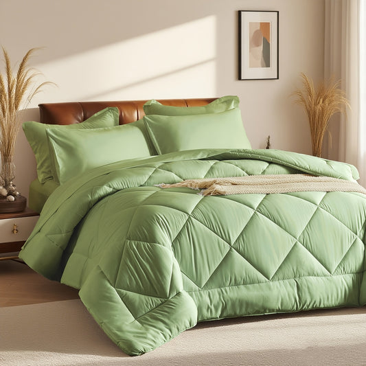5pcs or 7pcs Geometric Quilted Rectangular Comforter Sets Queen - Soft & Comfortable All-Season Bedding Set with Wrapped Mattress, High-End Hotel Dorm Decor, Includes Comforter Pillowcase, Flat Sheet, Fitted Sheet, Microfiber