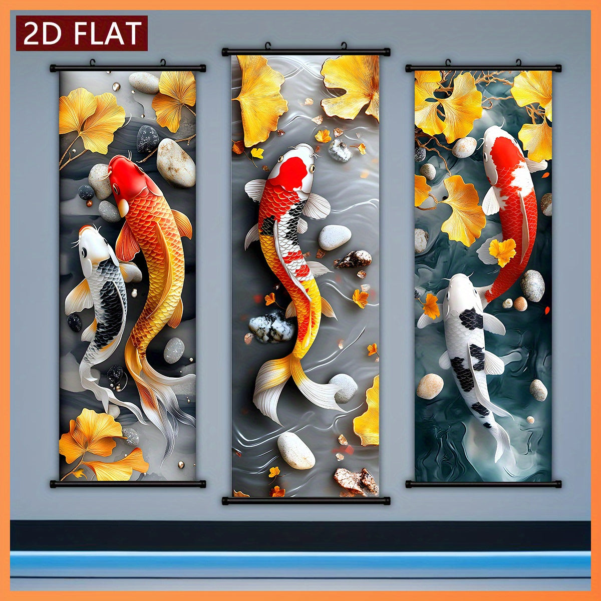 3pcs Chinese Fengshui Ink Koi Carp and Ginkgo Scroll Painting Set, 3D Embossed Craftsmanship, Suitable for Living Room and Study Wall Decoration, New Year Housewarming Gift, Auspicious Attract Wealth Artistic Gift