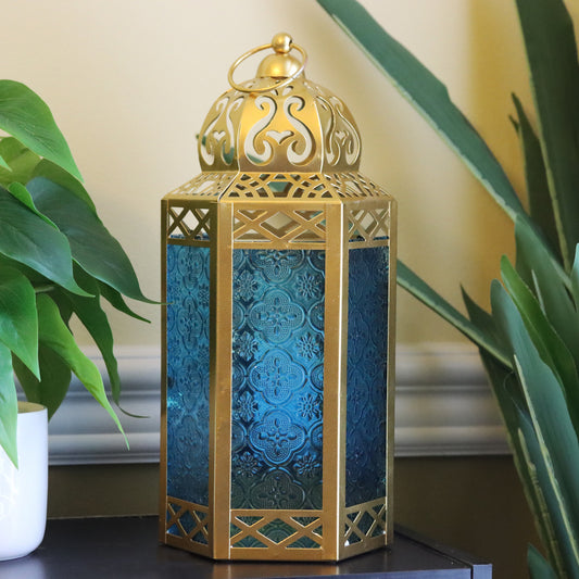 Large Gold Moroccan Candle Lantern Decorative Candle Holder Lamp for Table or Hanging, Ramadan Decorations, Indoor Home Decor, Outdoor Patio or Porch, Weddings