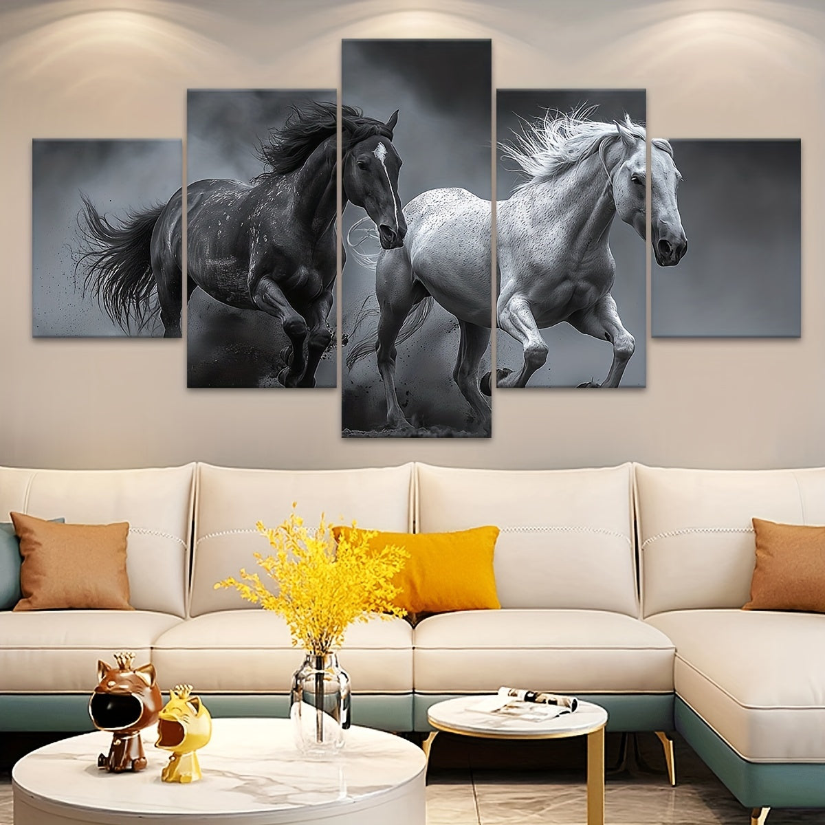 2D Flat 5pcs Frame Animal A Galloping Horse Canvas Poster, Five Panel Scene Art, Modular Picture, Print Painting, Modern Art, Ideal Decor for Bedroom Room Kitchen Dorm, Wall Decoration, Gift for Family Friends, Murals, Waterp