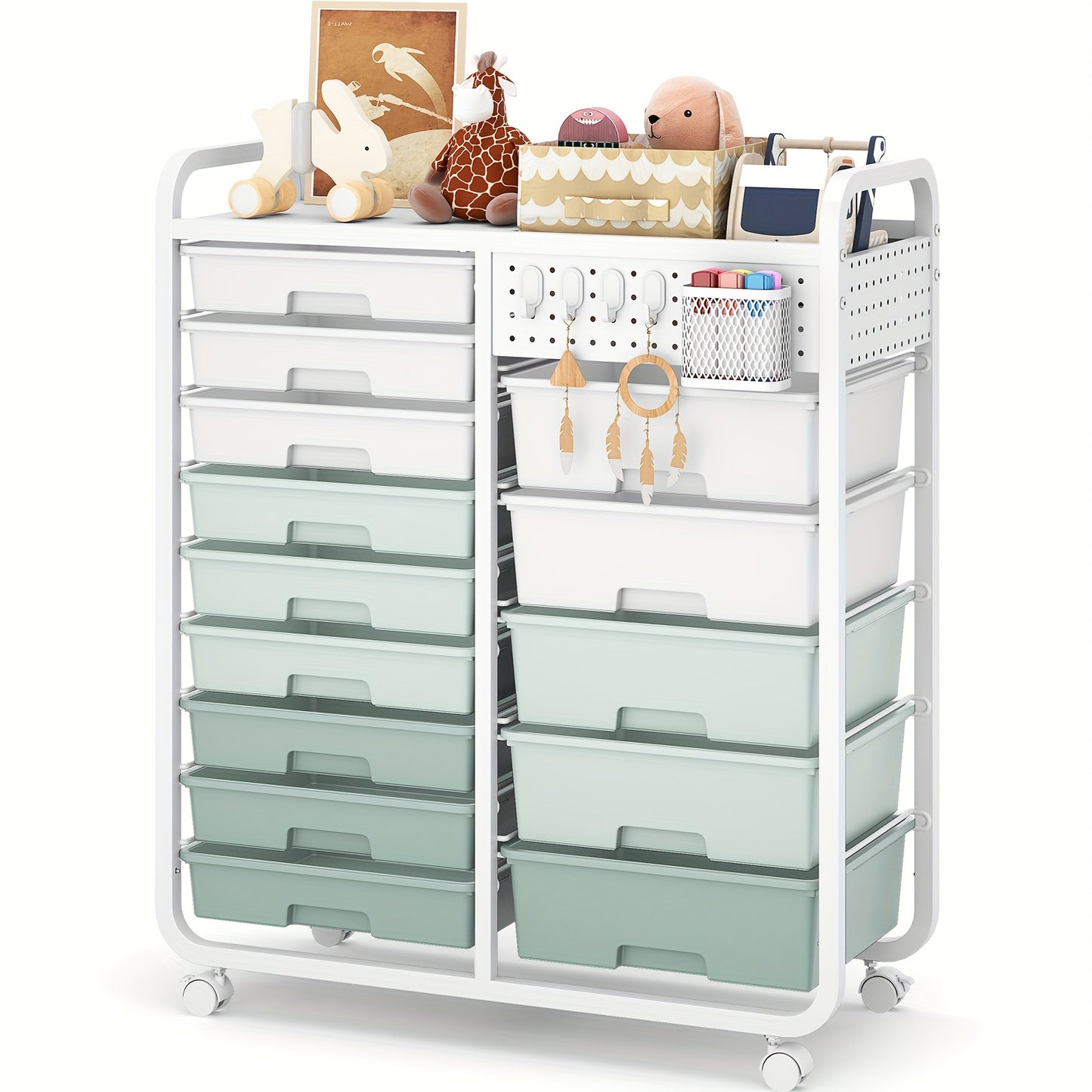 [Durable Craft Storage Cart] TOOLF Durable 14-Drawer Rolling Storage Cart with Tabletop & Pegboard | Mobile Utility Cabinet on Wheels - Metal Organizer with 14 Spacious Drawers, 3.2 Cu Ft Capacity & 27" Height for Home, Offic