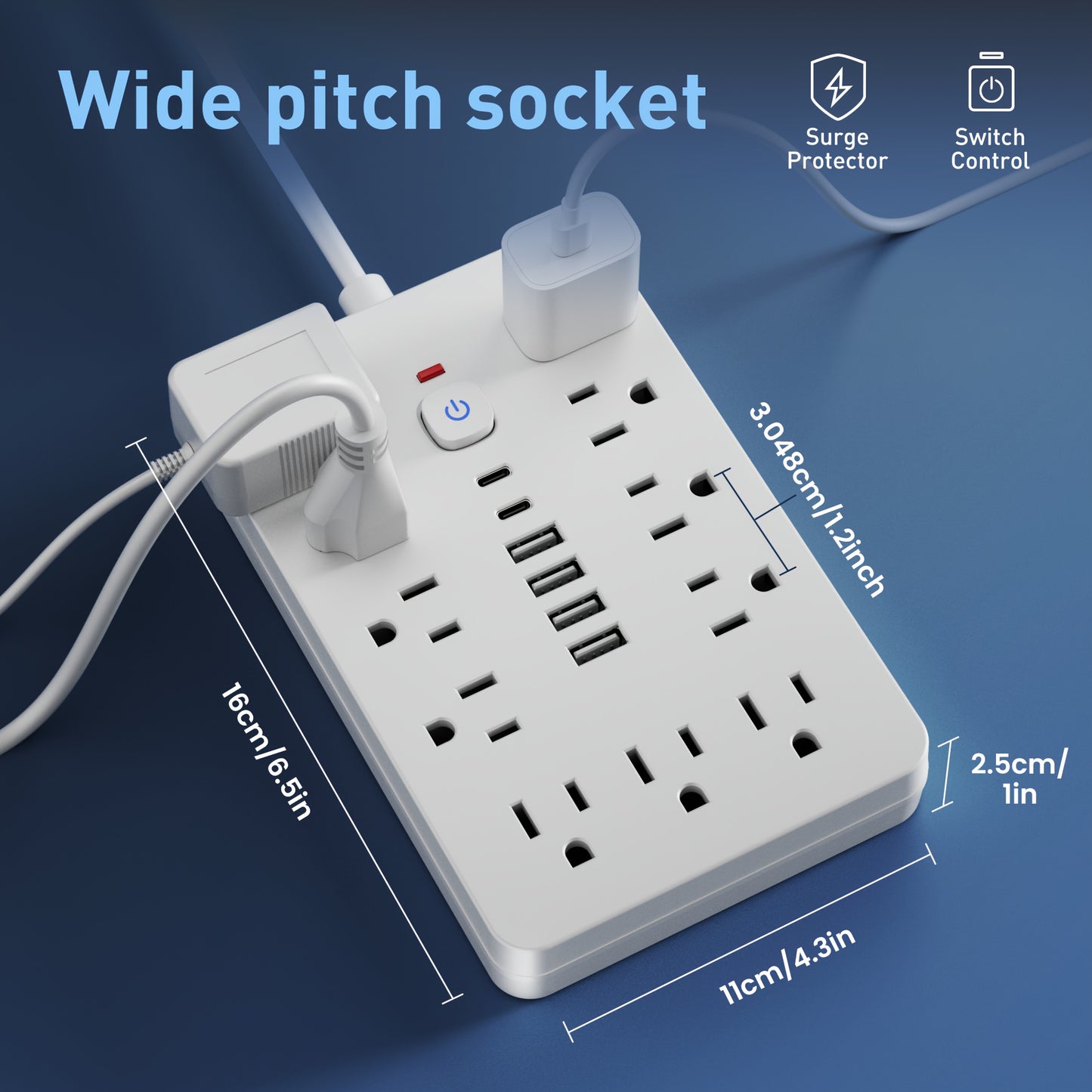 17-in-1 Power Strip - 11 Outlets, 6 USB Ports (4A & 2C), Flexible Cord, Wall Mountable, Surge Protection for Home, Office, Dorm, Desktop Charging Station