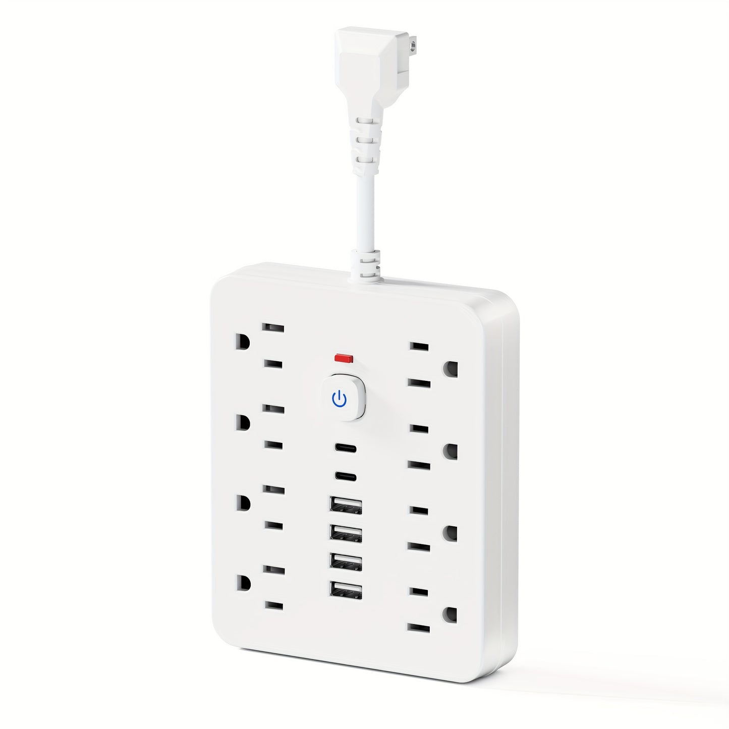 1pc Rectangle USB Charging Station, 8 Outlets with 6 USB (2 USB C) Charging Ports, Multi Plug Outlet Extender, Flexible short charging cable, Flat Plug, Wall Mount, with Surge Protection, On and off switch, 110V/220V Power Su