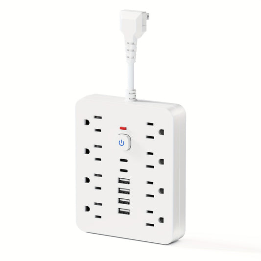 1pc Rectangle USB Charging Station, 8 Outlets with 6 USB (2 USB C) Charging Ports, Multi Plug Outlet Extender, Flexible short charging cable, Flat Plug, Wall Mount, with Surge Protection, On and off switch, 110V/220V Power Su