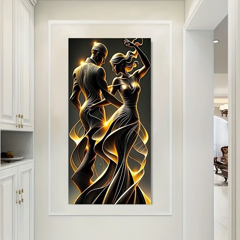 [1pc Abstract Wall Art] Modern Golden Abstract Lovers Wall Art Canvas, 1pc Frameless | 23.62x47.24 inches, No Power Needed, for Bedroom, Living Room, Corridor Decor, Black Love Theme Poster