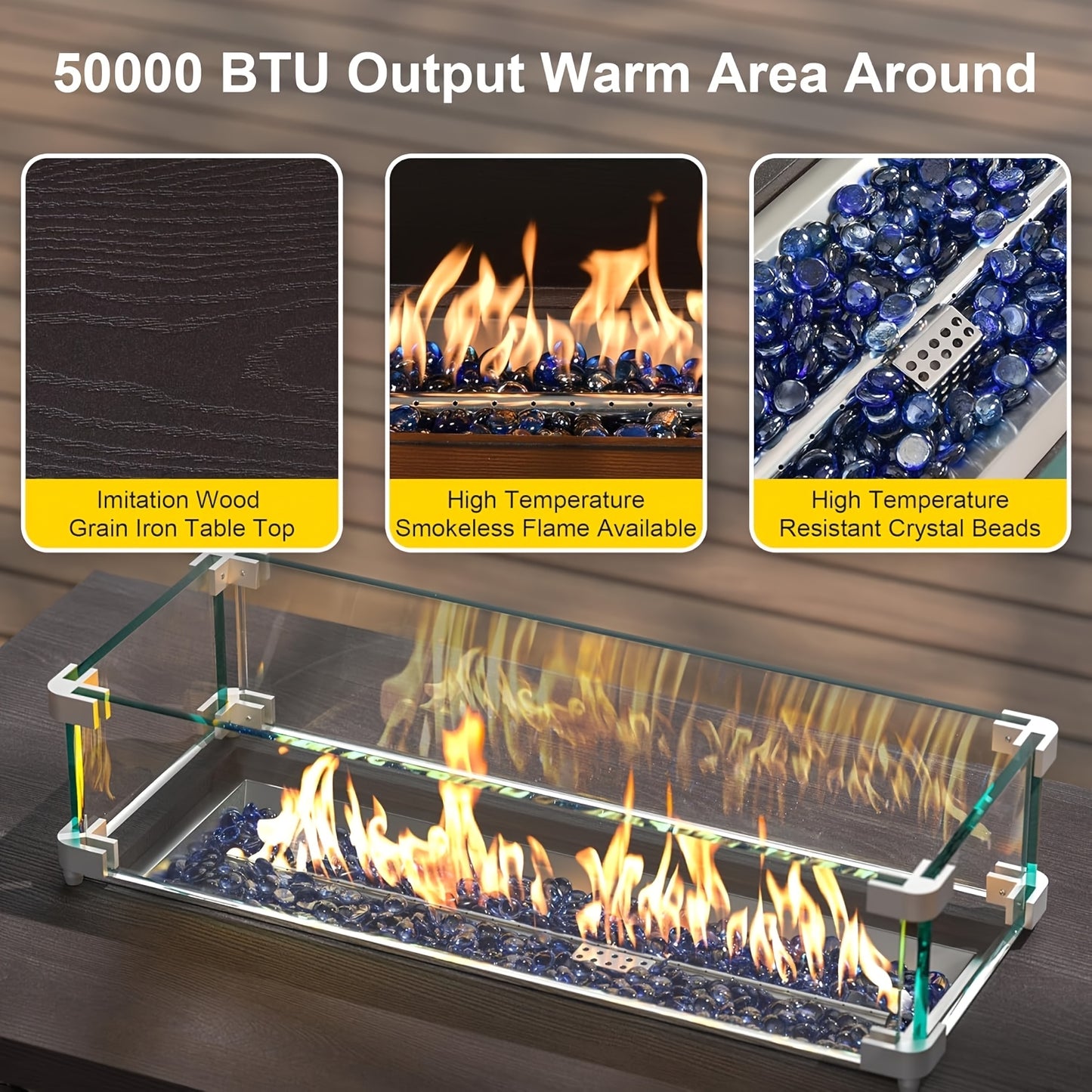 42" Propane Fire Pit Table, 50, 000 BTU, Brown Rattan and Metal with Glass Windshield, Lid, and Blue Glass Stones - Ideal for Outdoor Patio Use