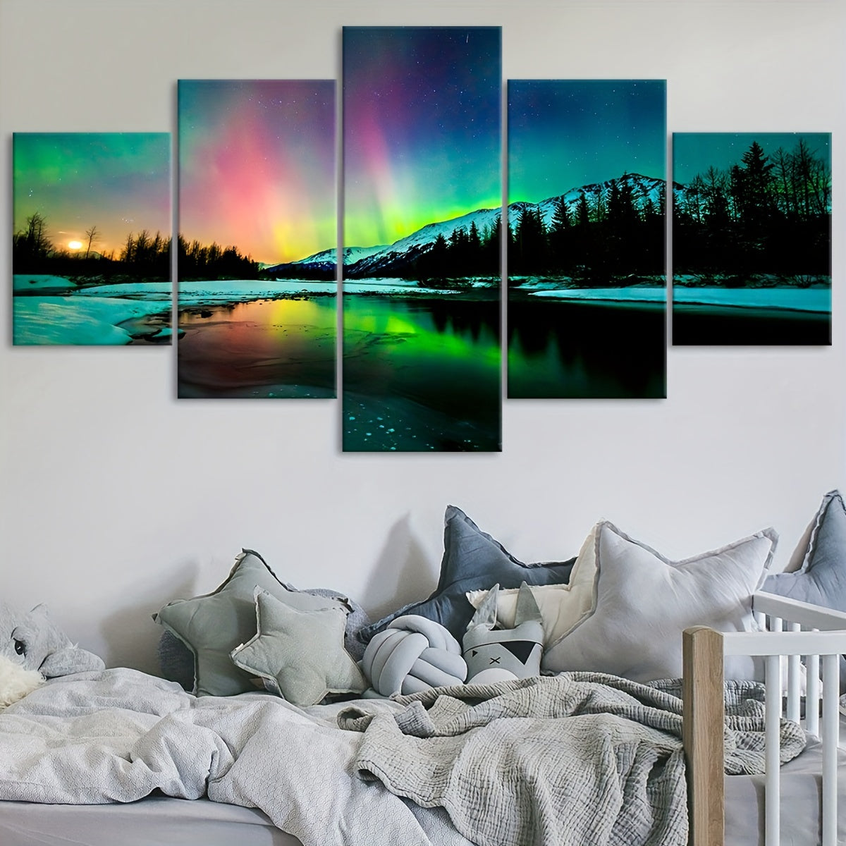 2D Flat, [2D FLAT] 5pcs Frame Romantic Aurora Canvas Poster, Five Panel Scene Art, Modular Landscape Picture, Print Painting, Modern Art, Ideal Decor for Bedroom Living Room Kitchen Dorm, Wall Decoration, Gift for Family Frie