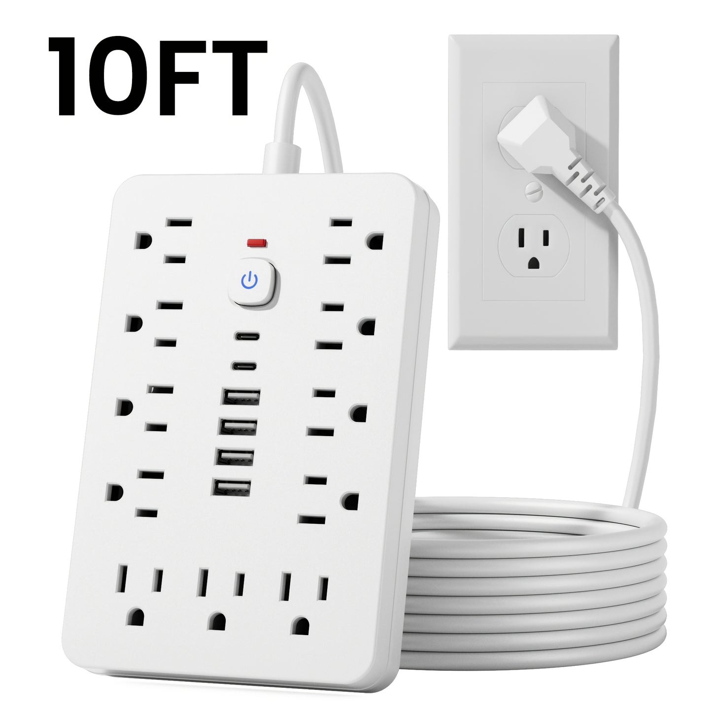 [11-Outlet Power Hub] 11-Outlet Power Hub with 4 USB and 2 USB-C Ports | 5FT or 10FT Length, Flat Plug, Wall Mountable, Overload Protection | Ideal for Home or Office Use