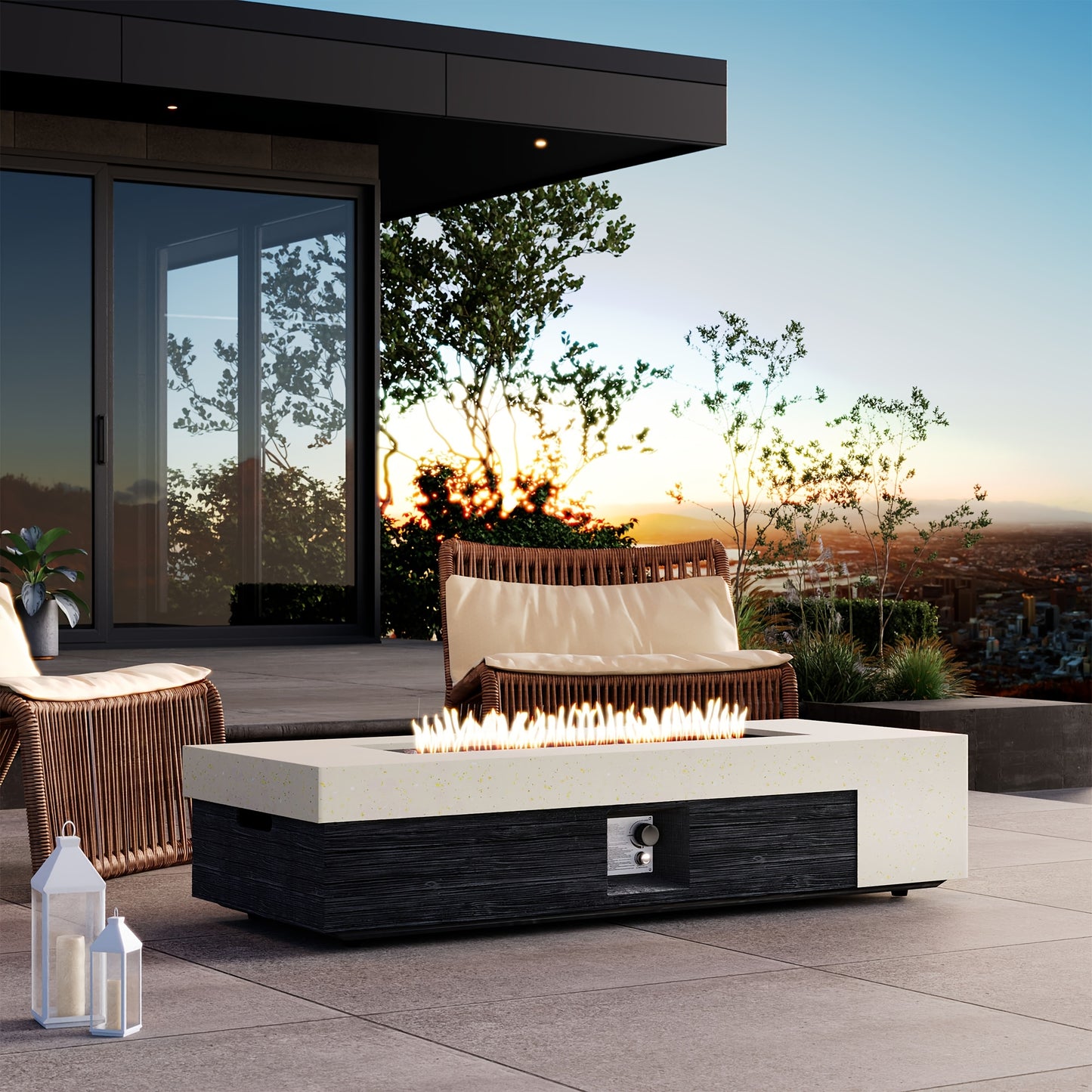 Outdoor Propane Fire Pit with Push Button Ignition - Heavy-Duty 50,000 BTU Patio heater, Modern Black & White dual-tone design, Waterproof, for Backyard, Garden, Poolside, Commercial Use - All-Season Outdoor heating, Backyard