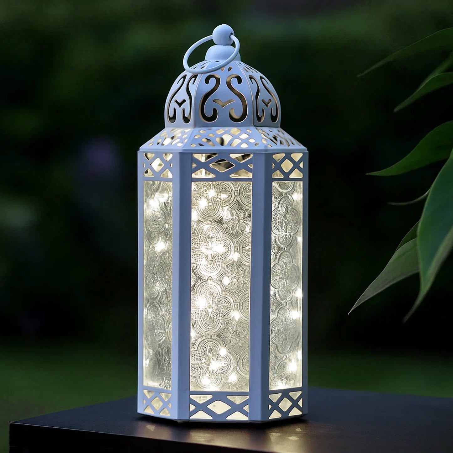 Stunning Ambient Lighting Safe and Stylish Glass Metal Moroccan Candle Lantern Holder Lamp with Battery-Operated LED Lights plus Remote Control – Handcrafted Lantern with Intricate Design and Embossed Glass, Indoor Home Dec