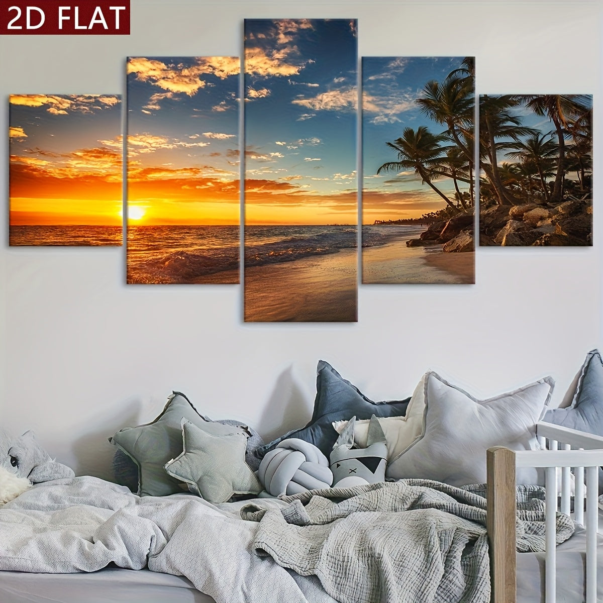 2D Flat, [2D FLAT] 5pcs Frame Sunset Sea View Beach Coconut Trees Canvas Poster, Five Panel Scene Art, Modular Picture, Modern Art, Ideal Decor for Bedroom Living Room Kitchen Dorm, Wall Decoration, Gift for Family Friends, M