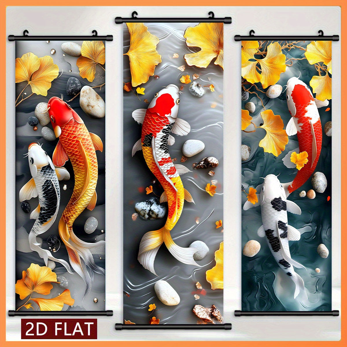 3pcs Chinese Fengshui Ink Koi Carp and Ginkgo Scroll Painting Set, 3D Embossed Craftsmanship, Suitable for Living Room and Study Wall Decoration, New Year Housewarming Gift, Auspicious Attract Wealth Artistic Gift