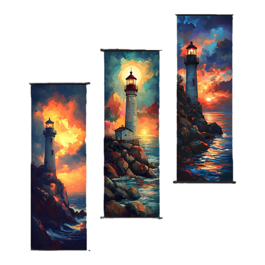 -3pcs Fantasy Lighthouse Scroll Painting Set, Plastic Basket Canvas Wall Art, Multi-color dramatic sky and lighthouse design, ideal for living room, bedroom, office decor, no power required, easy to hang