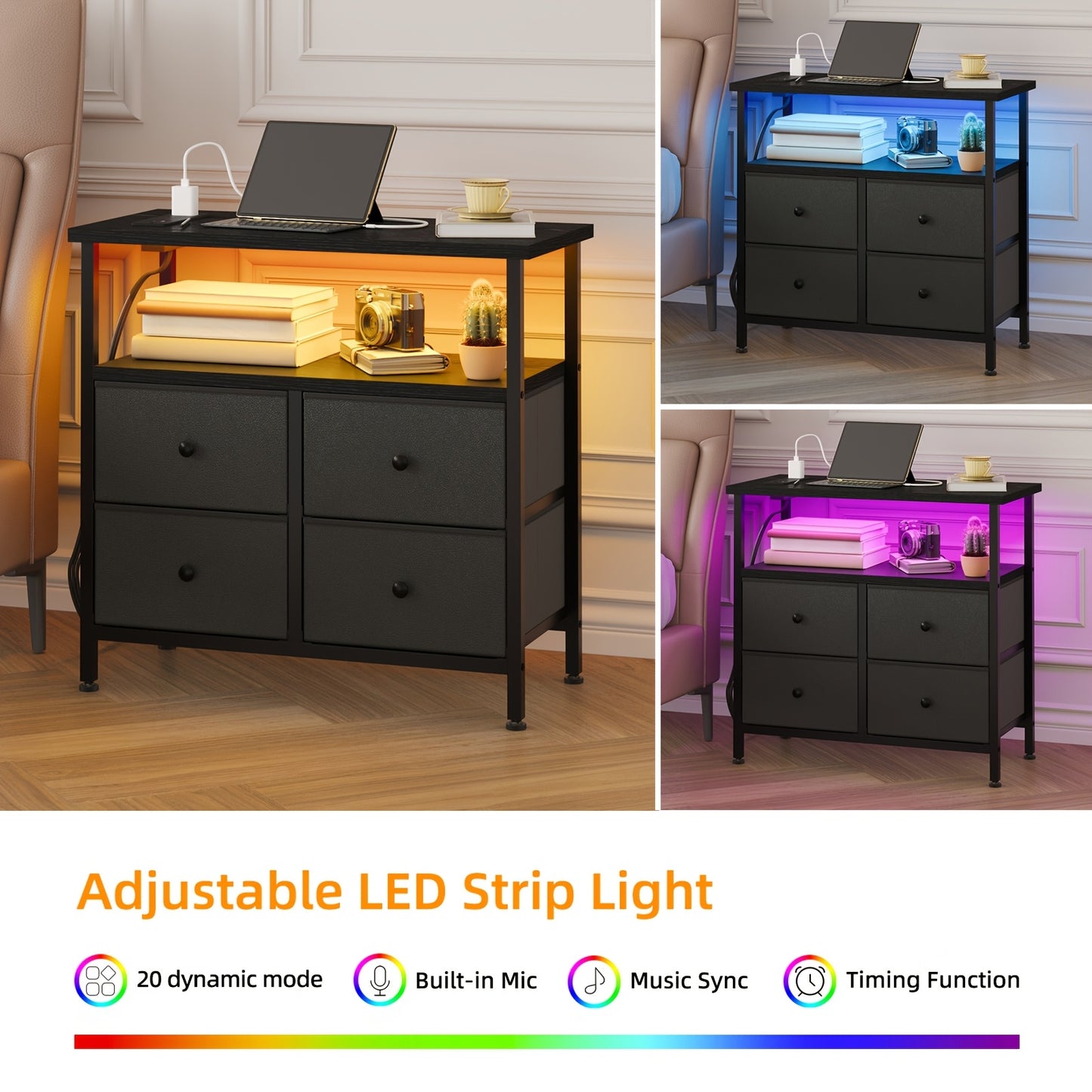 WHONLINE Night Stand with Charge Station, Bedside Table, Nightstand with 4 Drawers Bedside Table, LED Storgae Cabinet with Open Storage Shelf, Side Table for Bedroom Office, School And Dormitory Storage, for Halloween And Chr