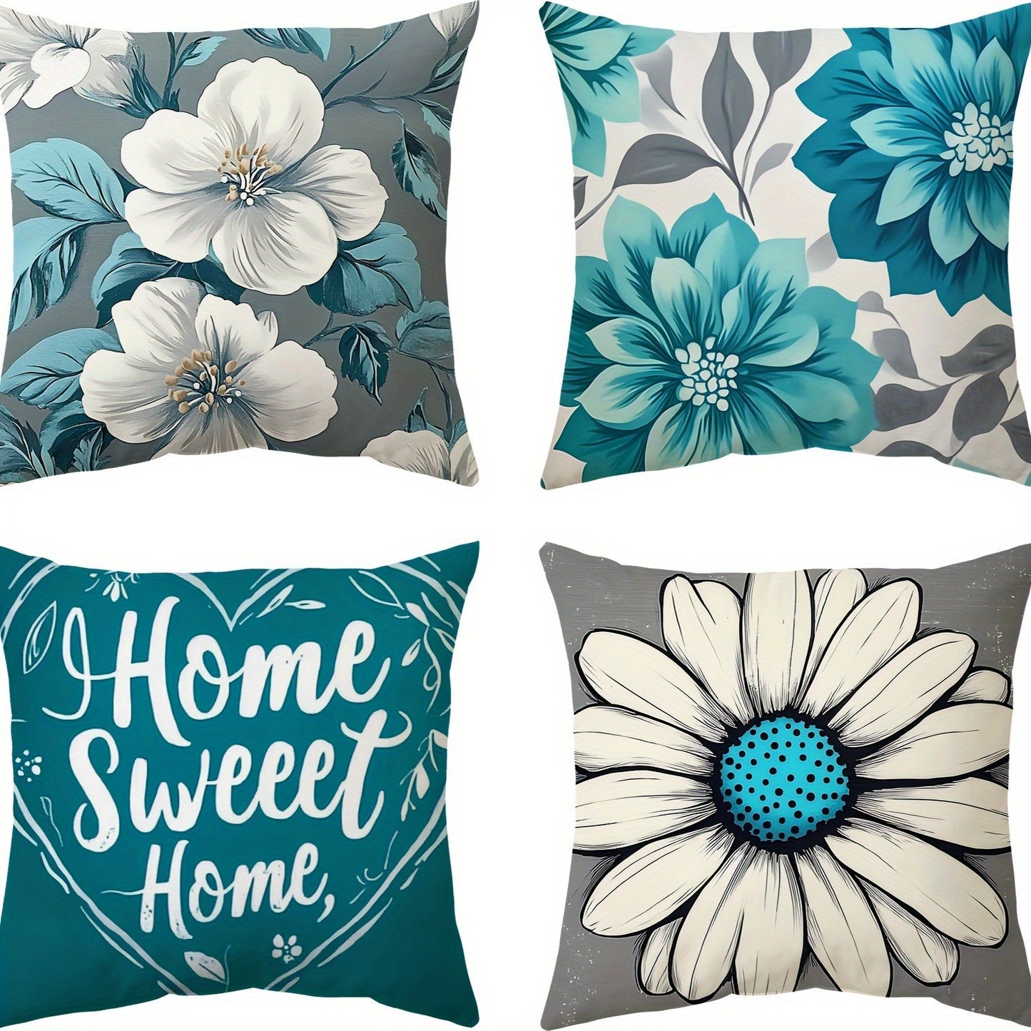 Set of 4 Teal Floral Throw Pillow Covers 18x18 – Modern Bohemian Decorative Cushion Covers for Sofa, Bed, Living Room, Outdoor – Polyester, Zip Closure, Hand Wash Only, Decorative Pillows