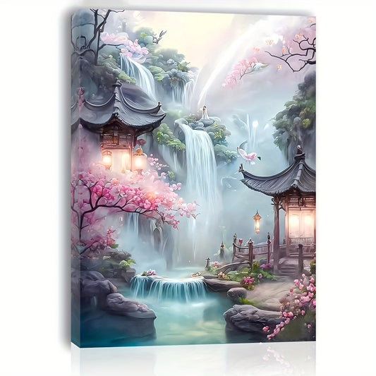 1pc Cherry Blossom Waterfall Scenery Canvas Wall Art, Wooden Framed Print for Living Room, Bedroom, Office - Ideal for Bachelorette Party Decor, Unique Gift for Her or Him, 11.8x15.7 inches