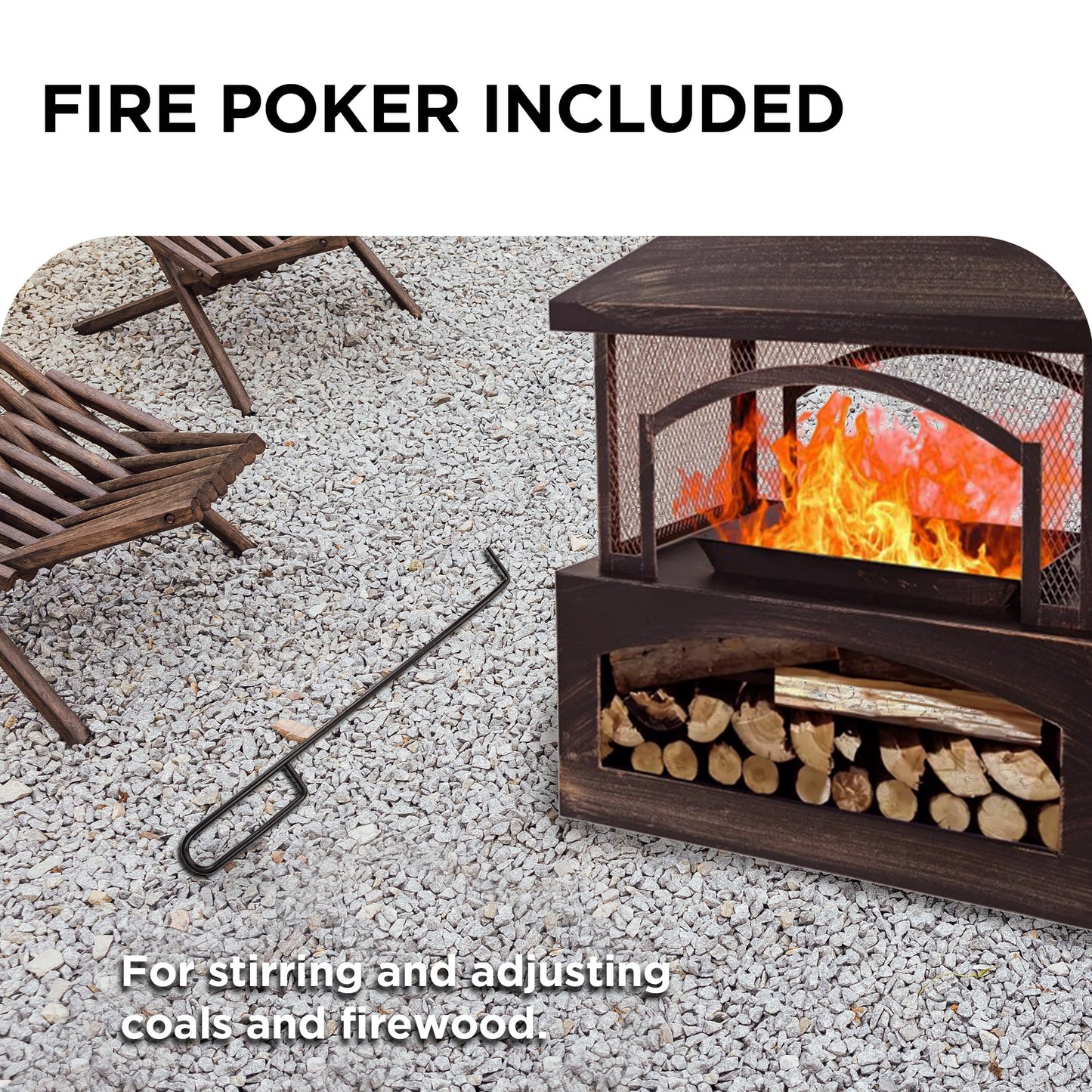 37 Inch Outdoor Wood Burning Fireplace with Wood Storage and Fire Poker, Large Metal Fire Pit for Patio Garden Deck Backyard, Rectangular Outdoor Fireplace