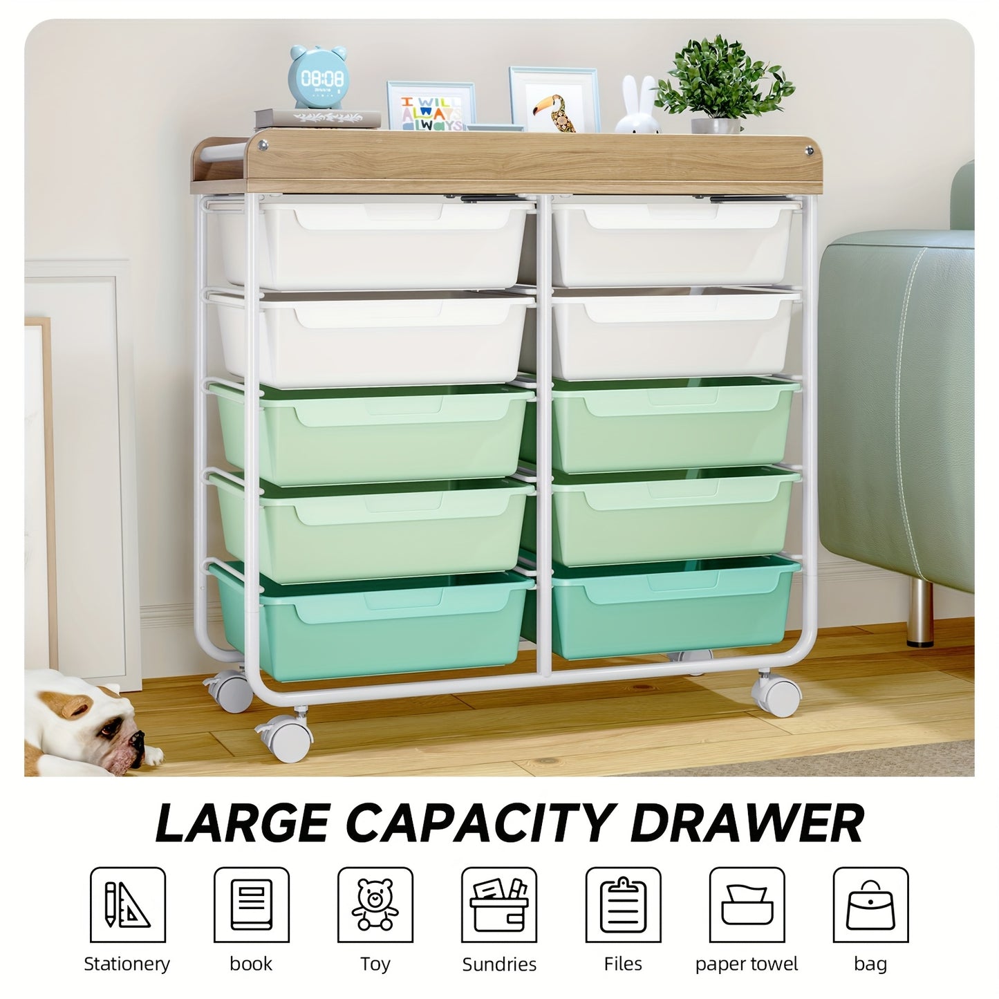 [Versatile Rolling Storage Cart] TOOLF 10-Tier Rolling Storage Cart with Large Drawers & Tabletop - Multi-Purpose Mobile Organizer for Home, Office, Classroom - Easy-to-Move Wheels, 3.2+ Cubic Feet Capacity, 27" Height, Metal
