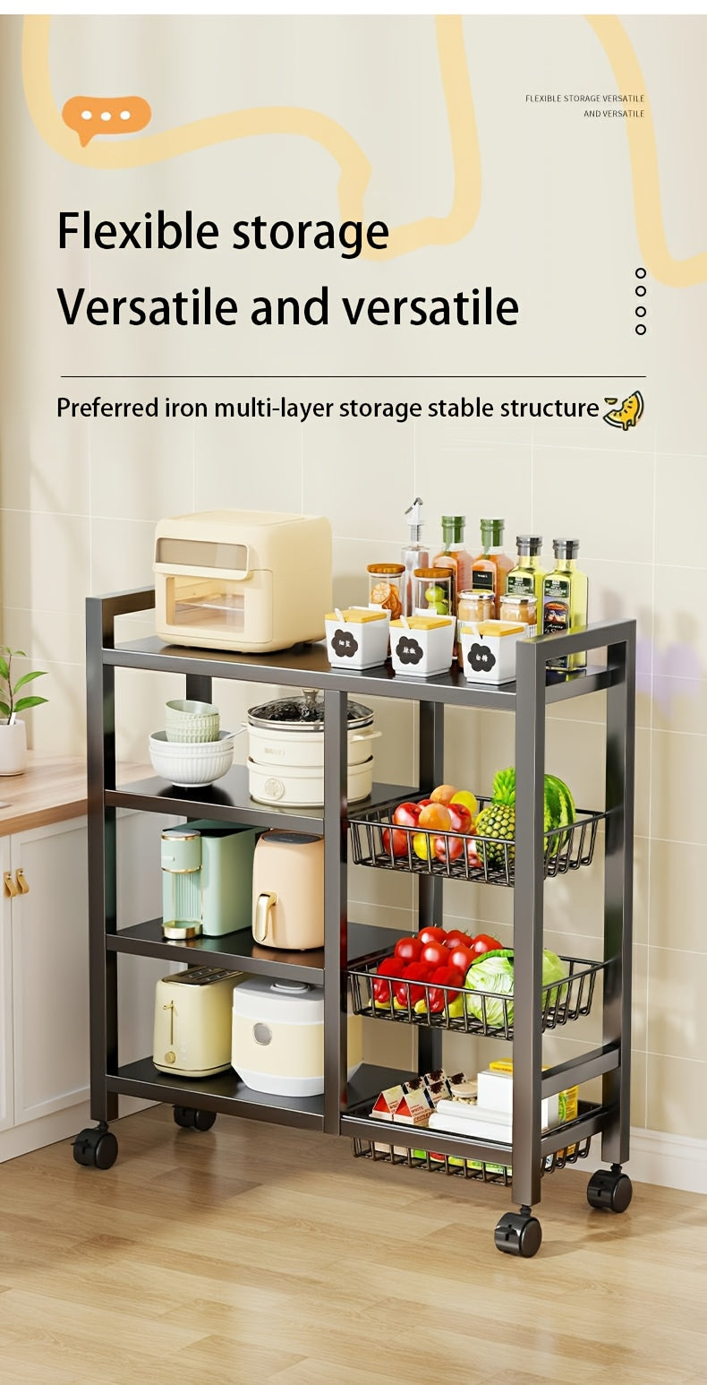 Movable Storage Rack, Adjustable 4-Layer Storage Rack with 3 Wire Baskets