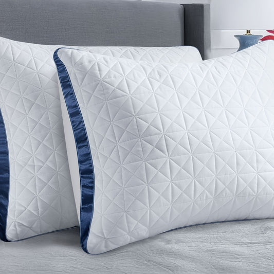 2-Pack Luxury Cooling Bed Pillows - Breathable Down Alternative Gusseted Supportive Pillows with White & Navy Blue Elegant Pattern, Soft Fiber Fill, Machine Washable - Hotel & Home Bedding for Side/Back/Stomach Sleepers, All-