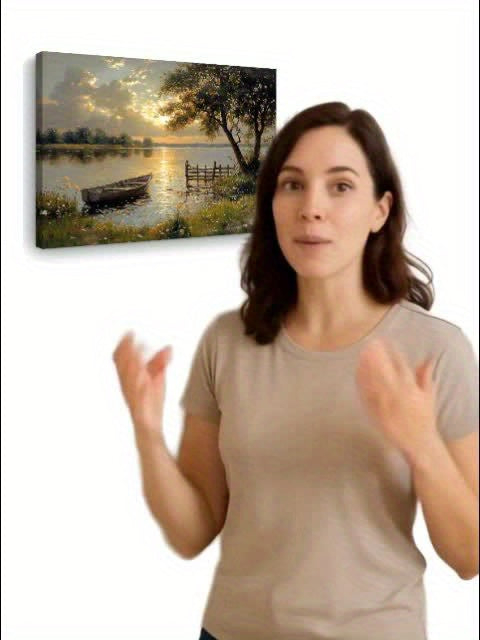 1pc Serene Sunset Lake & Boat Canvas Art Print, 11.8x15.7in - Wooden Framed Wall Decor for Living Room, Bedroom, Kitchen, Office - Tranquil Nature Scene, Ideal Gift, Coastal Home Decor, 2D, Perfect for Room Decor