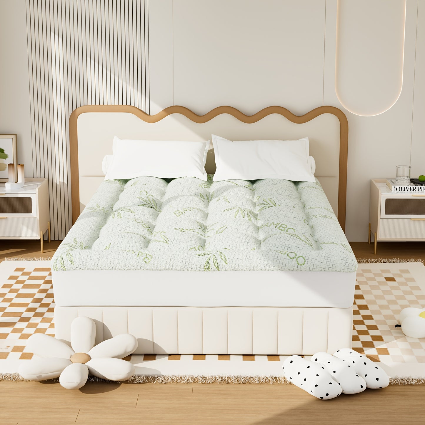 Mattress Topper With PU Waterproof Layer Of Waterproof Mattress Protector, Cooling Extra Thick Breathable Viscose Made From Bamboo Mattress Pad, Soft Quilted Fitted Mattress Cover With 1000 GSM Down Alternative Fill (8-21"Dee