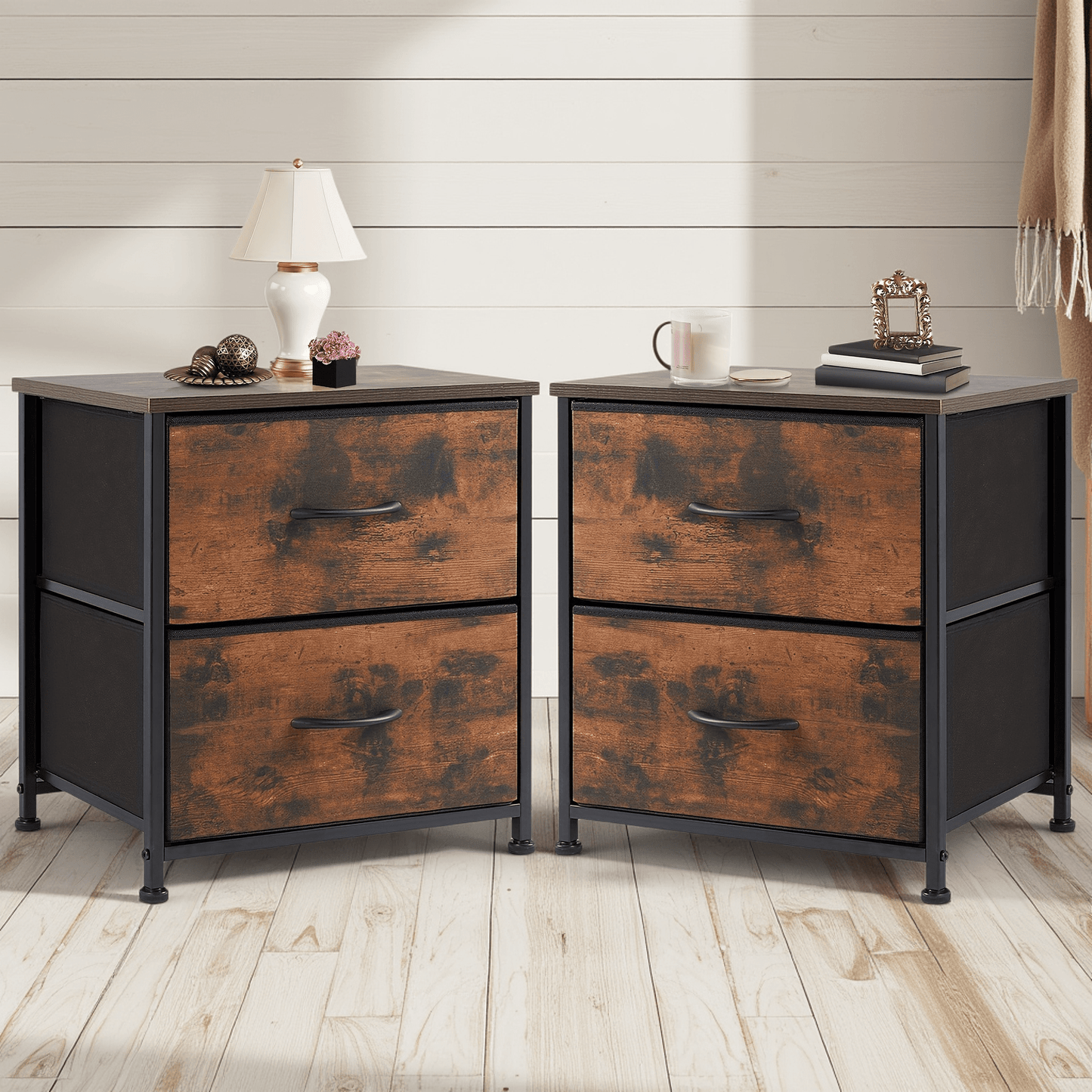Nightstand Set Of 2, Dresser For Bedroom With 2 Drawer, Small Dresser Beside Tables, Nightstand With Removable Fabric Bins For Small Spaces, Closet, Entryway, College Dorm, 1pc/2pcs Options Available