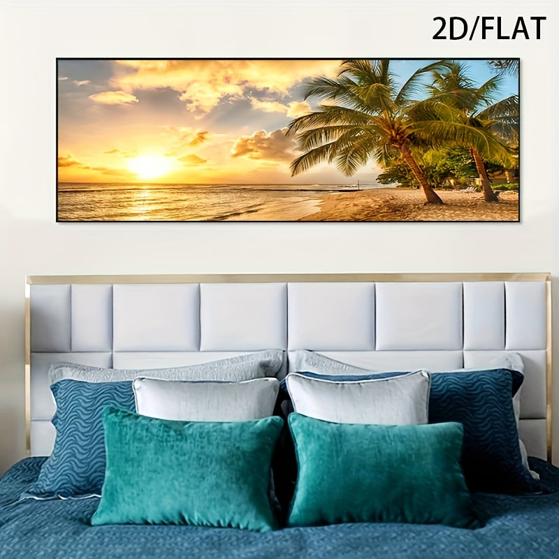 2D Flat, 1pc Modern Tropical Beach Sunset Canvas Wall Art - Large Palm Tree & Ocean View Poster, Frameless Indoor Living Room Decor, Vibrant Palm Tree Decor, 2D Flat