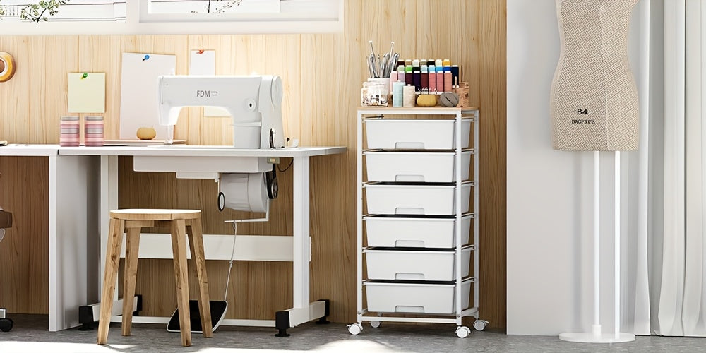 TOOLF Rolling Storage Cart With Drawers, Utility Cart With 6 Drawers And Tabletop, Craft Storage Cart With Lockable Wheels For Bedroom, Office, Classroom, Living Room
