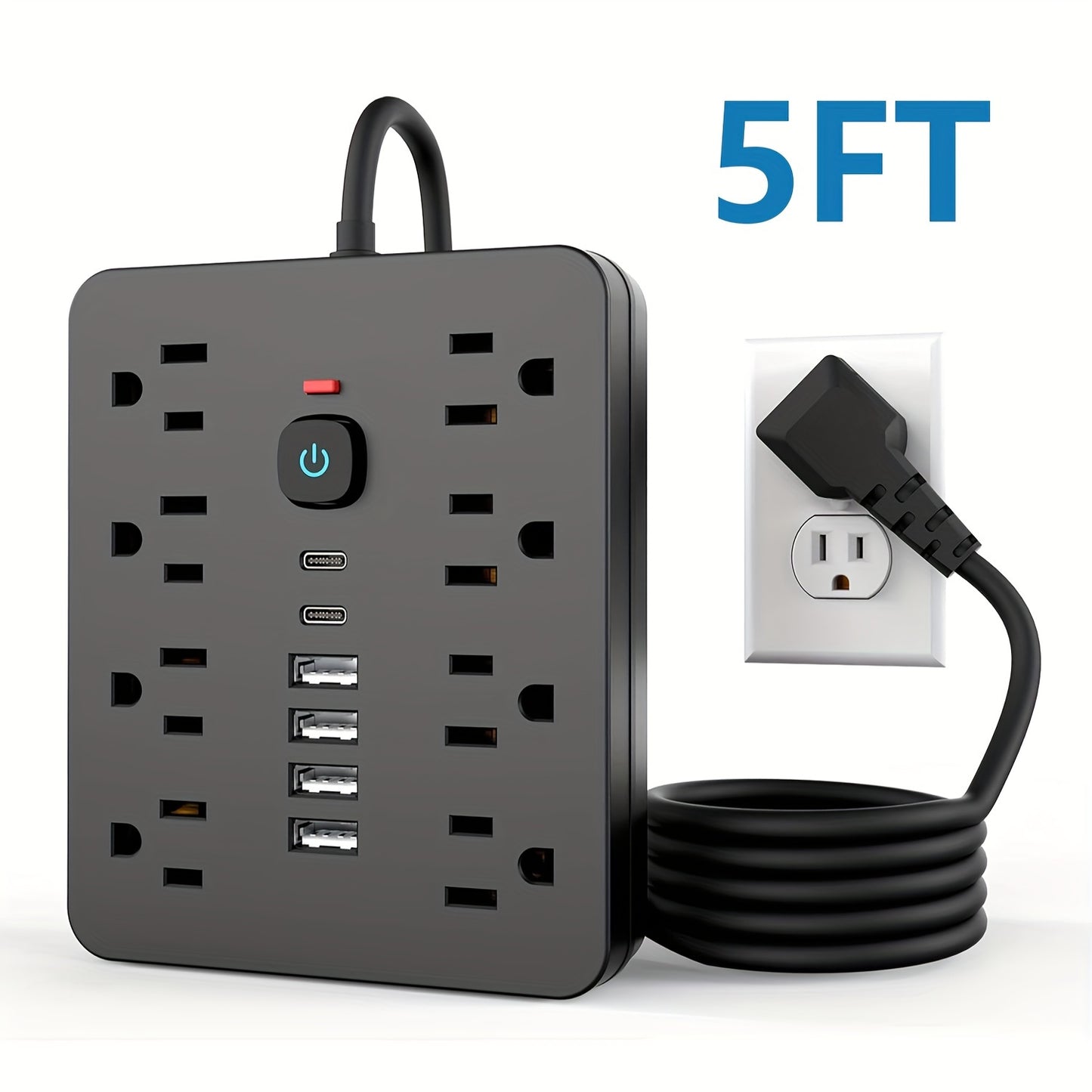 [Black Outlet Surge Protector] 14-in-1 Black Outlet with 8 Receptacles, 4 USB Ports, 2 USB-C Ports, 5/10ft Extension Cord, Flat Plug, Wall Mount, Overload Protection, Power Outlet Surge Protector - Ideal for Home and Office D