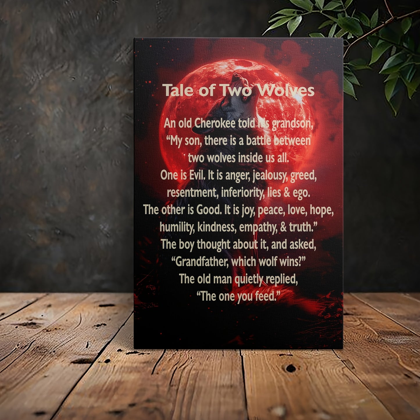 [Inspirational Wolf Canvas Art] 1pc Inspirational Wolf Howling at Moon Canvas Wall Art - Framed Tale of Two Wolves Quote, Red & Black Contrast Design, High-Quality Print with Hook for Home, Office, Bedroom, Yoga Studio Decor,