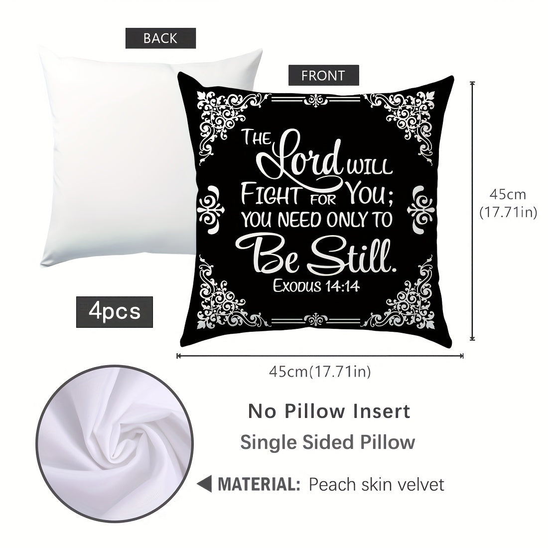 4pcs, Black White Bible Verse Retro Border Throw Pillow Covers, Simple Style Throw Pillow Case, 100% Polyester Peach Skin Material, Single Side Printing 45x45cm/17.71x17.71in, Decorative Cushion Cover For Home Bedroom Sofa Ch
