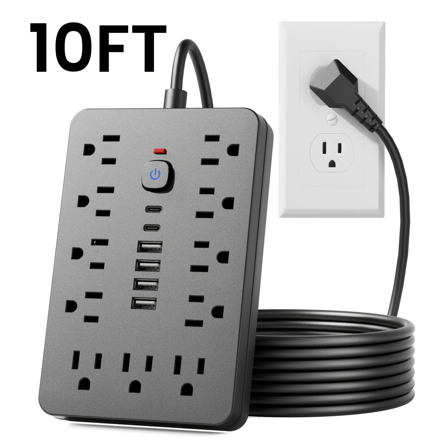 [11-Outlet Power Hub] 11-Outlet Power Hub with 4 USB and 2 USB-C Ports | 5FT or 10FT Length, Flat Plug, Wall Mountable, Overload Protection | Ideal for Home or Office Use
