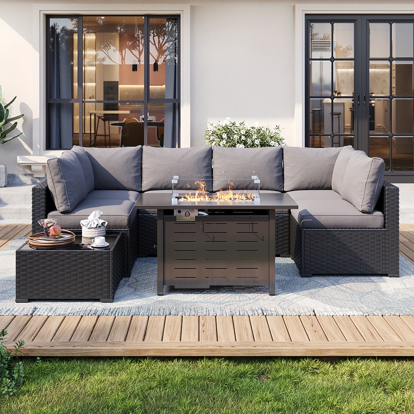 Oneinmil 3 & 8pcs Outdoor Sectional Patio Furniture Set with Fire Pit Table | L-Shaped Wicker Rattan Conversation Set | 4" Thick Waterproof Cushions for All-Weather Seating - Patio Furniture Outdoor for Deck, Garden, Poolside