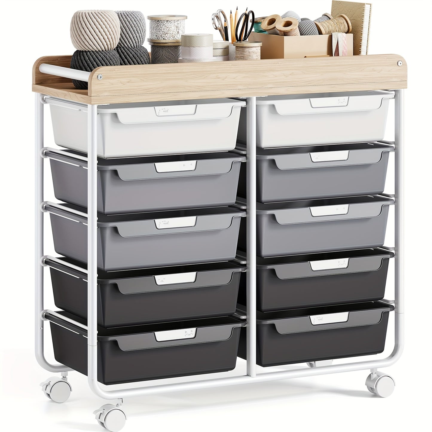 [Versatile Rolling Storage Cart] TOOLF 10-Tier Rolling Storage Cart with Large Drawers & Tabletop - Multi-Purpose Mobile Organizer for Home, Office, Classroom - Easy-to-Move Wheels, 3.2+ Cubic Feet Capacity, 27" Height, Metal