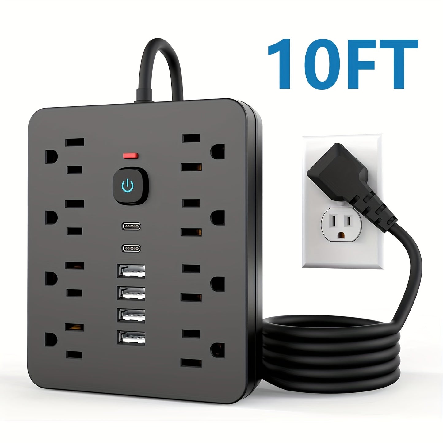 [Black Outlet Surge Protector] 14-in-1 Black Outlet with 8 Receptacles, 4 USB Ports, 2 USB-C Ports, 5/10ft Extension Cord, Flat Plug, Wall Mount, Overload Protection, Power Outlet Surge Protector - Ideal for Home and Office D