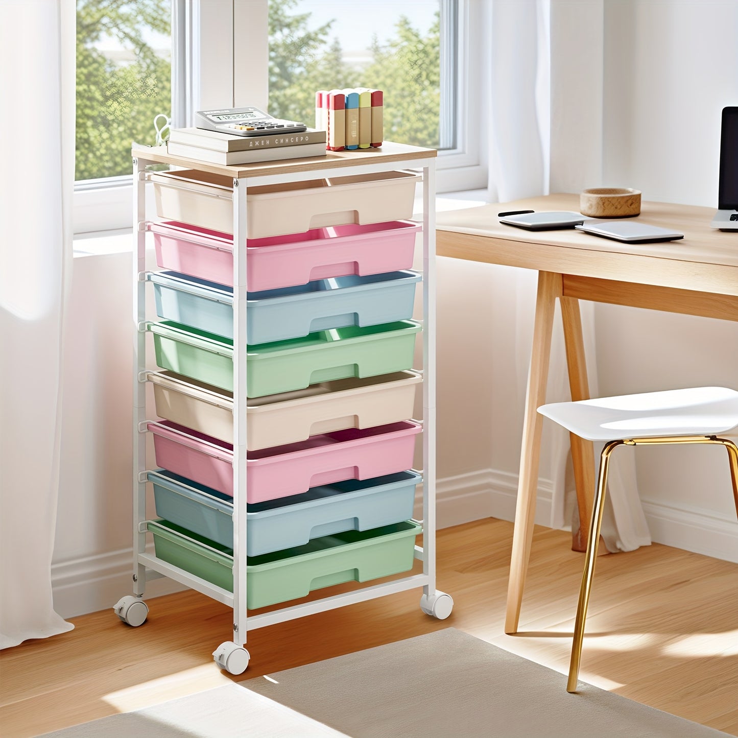 8-Drawer Rolling Storage Cart with Locking Casters & Tabletop - Heavy-Duty Metal Frame, Purple Finish, Multi-Purpose Organizer for Living Room, Bedroom, Office, Dorm, Bathroom, Versatile Rolling Storage Cart, Decorative Drawe