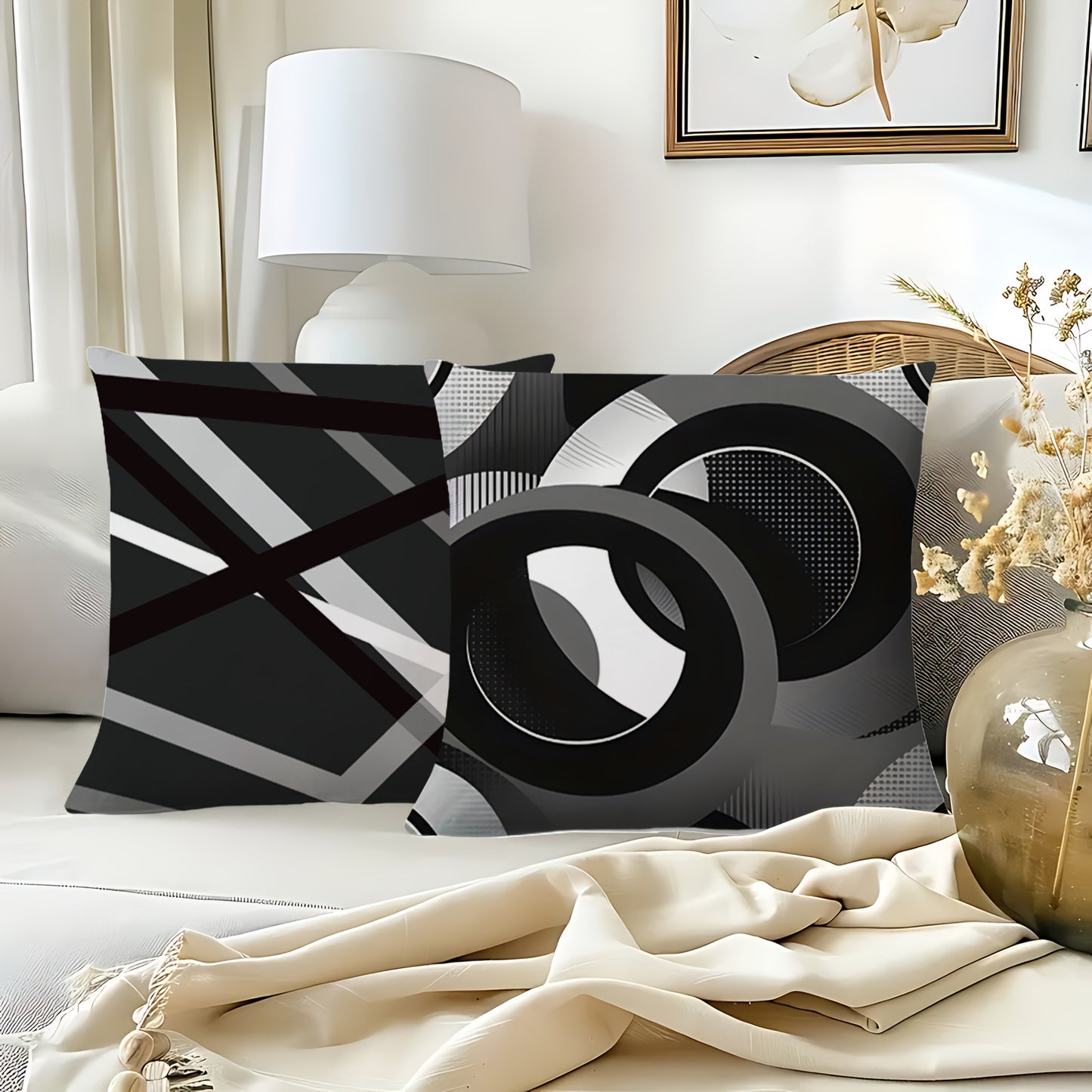 [Modern Geometric Pillow Covers] 4pcs Modern Geometric Abstract Throw Pillow Covers - 17.7x17.7 Inch Decorative Cushion Cases | Polyester Fabric, Zipper Closure, Machine Washable | Contemporary Style for Sofa, Couch & Home De