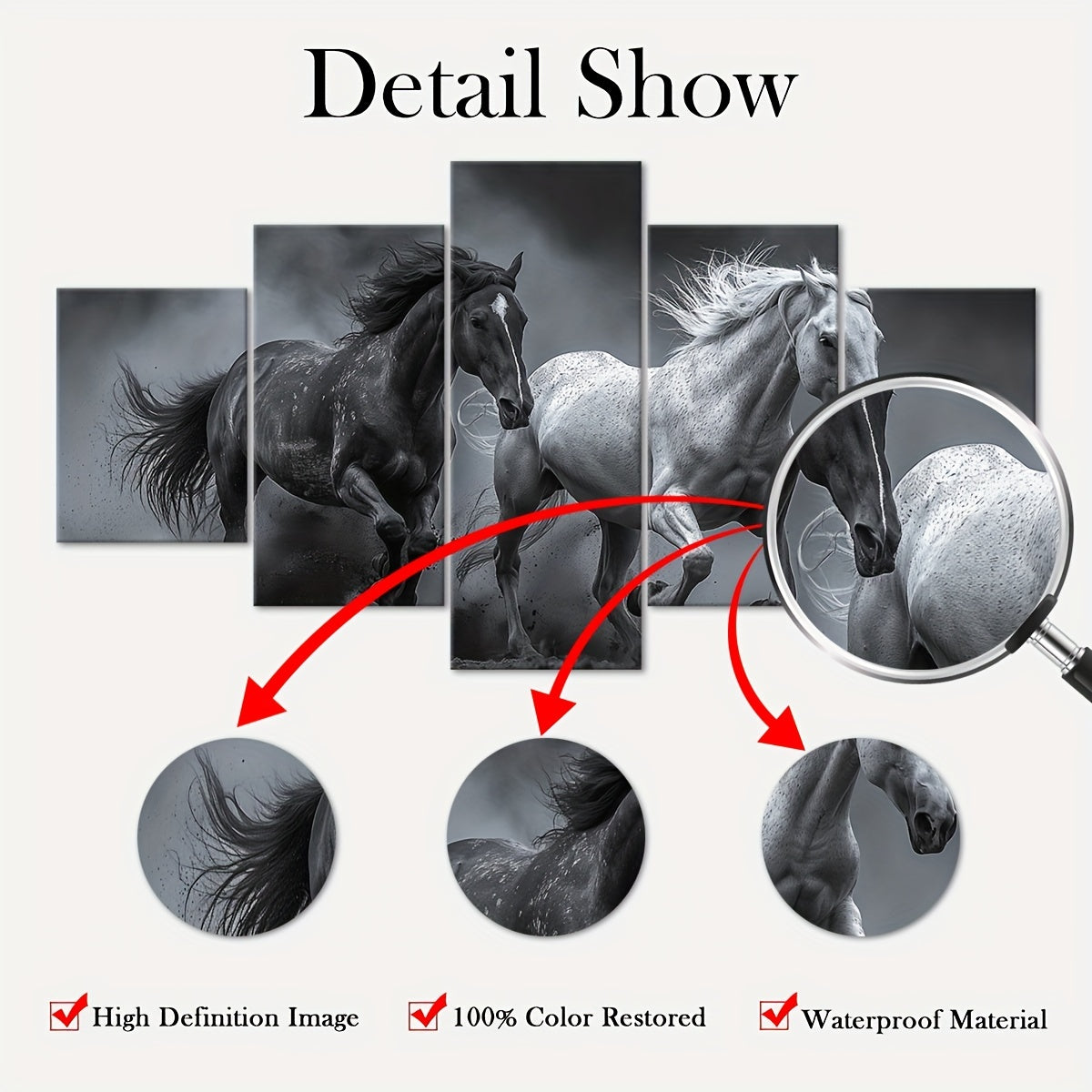 2D Flat 5pcs Frame Animal A Galloping Horse Canvas Poster, Five Panel Scene Art, Modular Picture, Print Painting, Modern Art, Ideal Decor for Bedroom Room Kitchen Dorm, Wall Decoration, Gift for Family Friends, Murals, Waterp