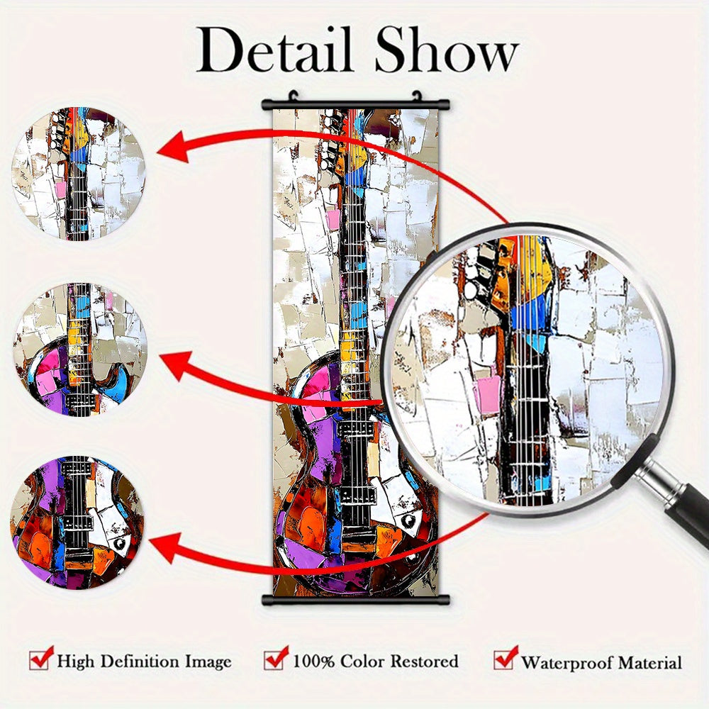 - 3pcs Vibrant Music Hanging Scroll Painting Set Showcasing Notes, Guitar and Saxophone Art, Artwork Wall Art Bathroom Bedroom Living Room Wall Decor, Home Decor, Aesthetic Room Decoration