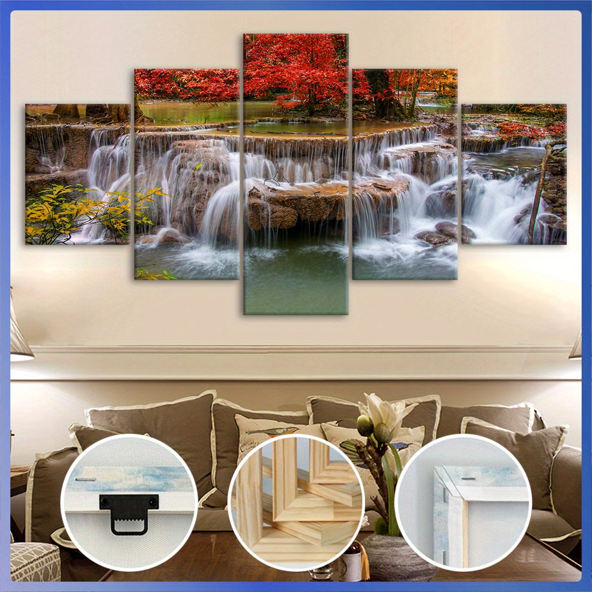 5pcs Wooden Framed Canvas, Jungle And Stream Theme Poster, Pattern Art for Home Decoration, Wall Decor for Living Room, Bedroom, Office, Bar, Restaurant, High Quality Waterproof Painting, HD Artwork.