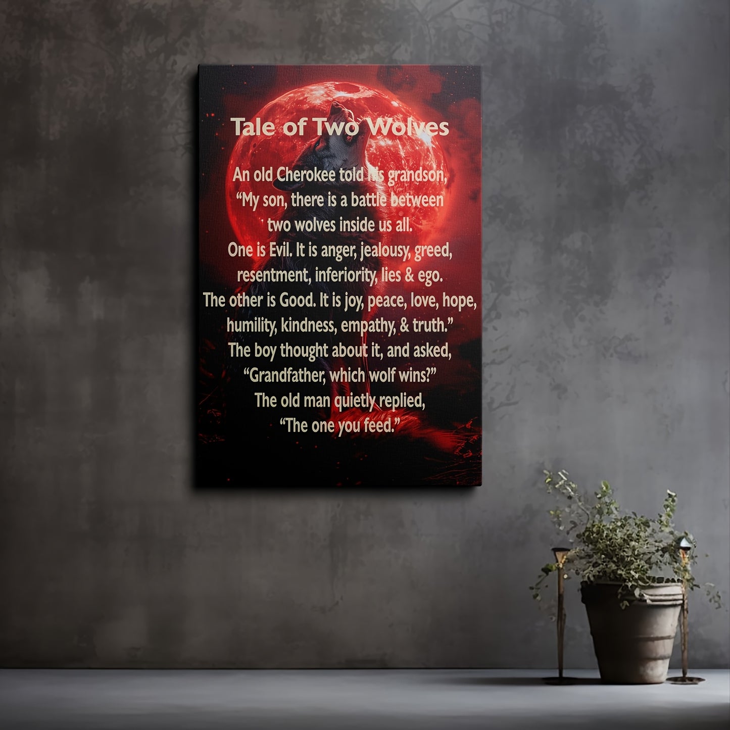 [Inspirational Wolf Canvas Art] 1pc Inspirational Wolf Howling at Moon Canvas Wall Art - Framed Tale of Two Wolves Quote, Red & Black Contrast Design, High-Quality Print with Hook for Home, Office, Bedroom, Yoga Studio Decor,