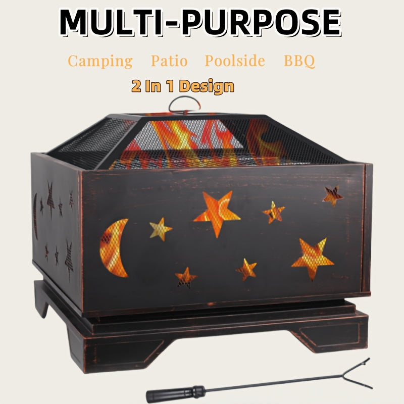 26in Fire Pit Set with Spark Screen, Mesh Cover And Poker, Heating Equipment Equipment, Use for Outside Bonfire Patio Picnic BBQ