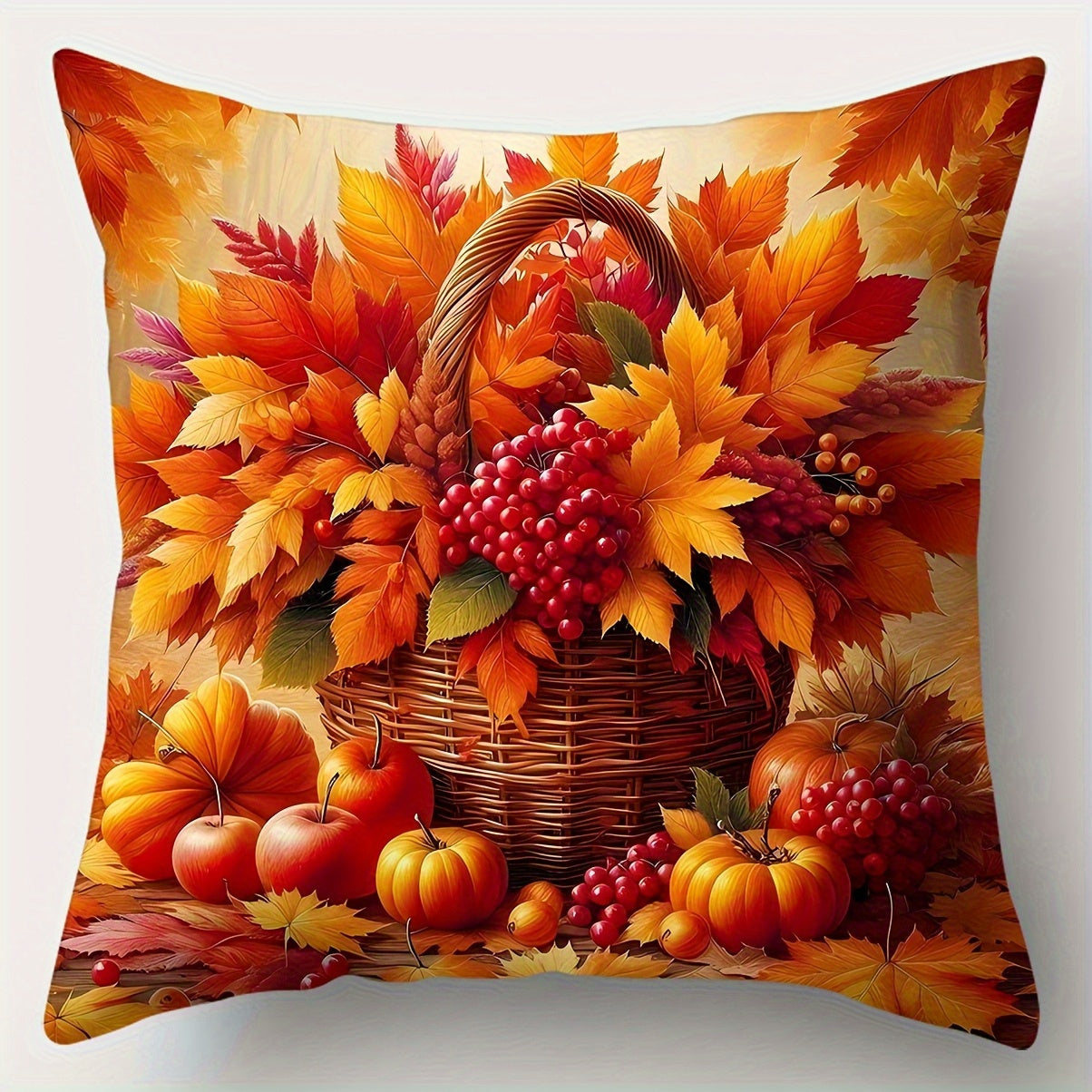 4pcs Autumn Harvest Decorative Throw Pillow Covers - Fall Leaves, Pumpkins, Grapes & Berries in Orange, Yellow, Red, - Zipper Closure Cushion Cases for Farmhouse, Bohemian Living Room, Sofa - Machine Washable Polyester (14x14