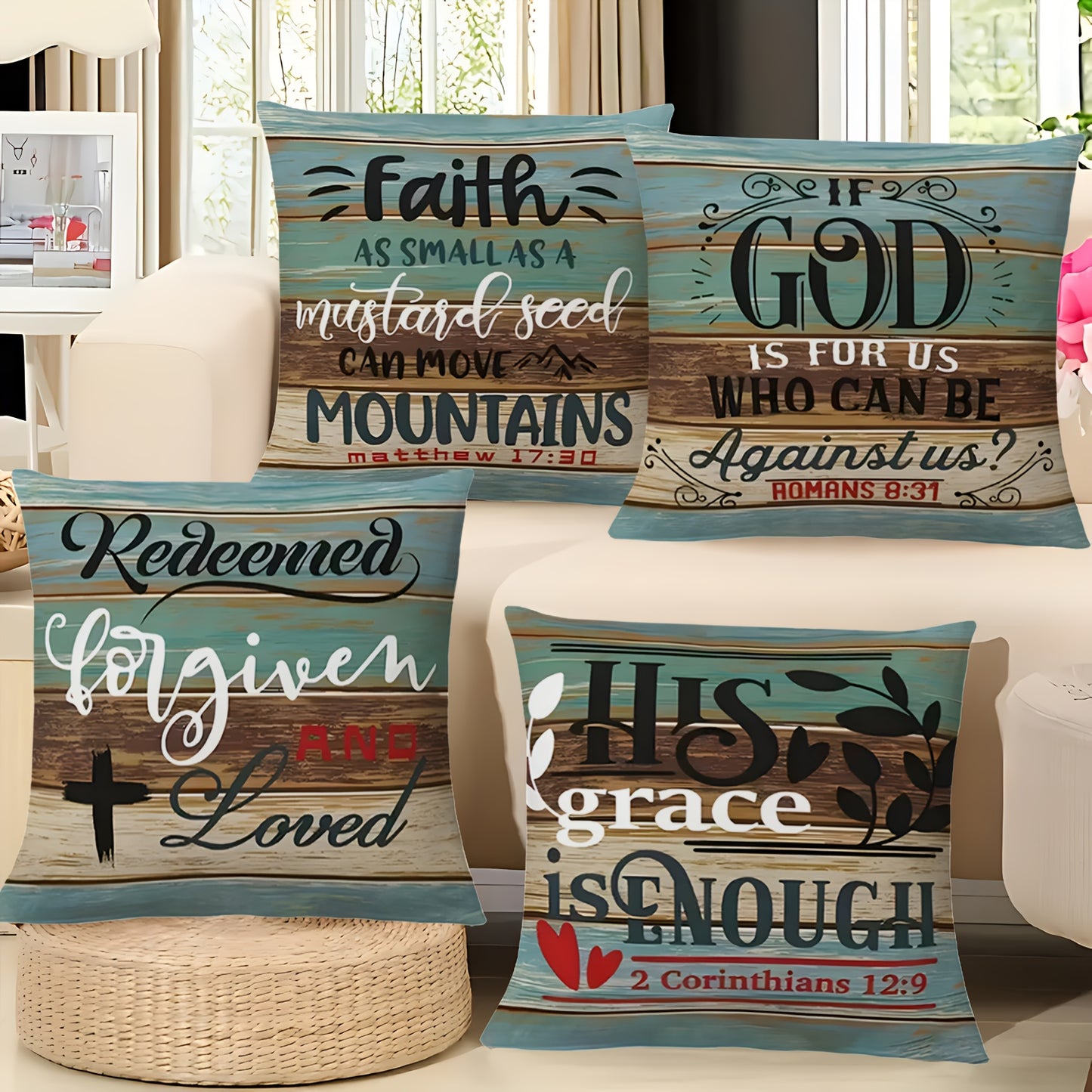4pcs 17.7*17.7 Inches Modern Christian Faith Inspirational Scripture Pillow Covers - Printed With Zipper Closure, Pillow Cases For Sofa, Living Room, Bedroom, Office, Outdoor, Modern Farmhouse, Party Decoration & Home Decorat
