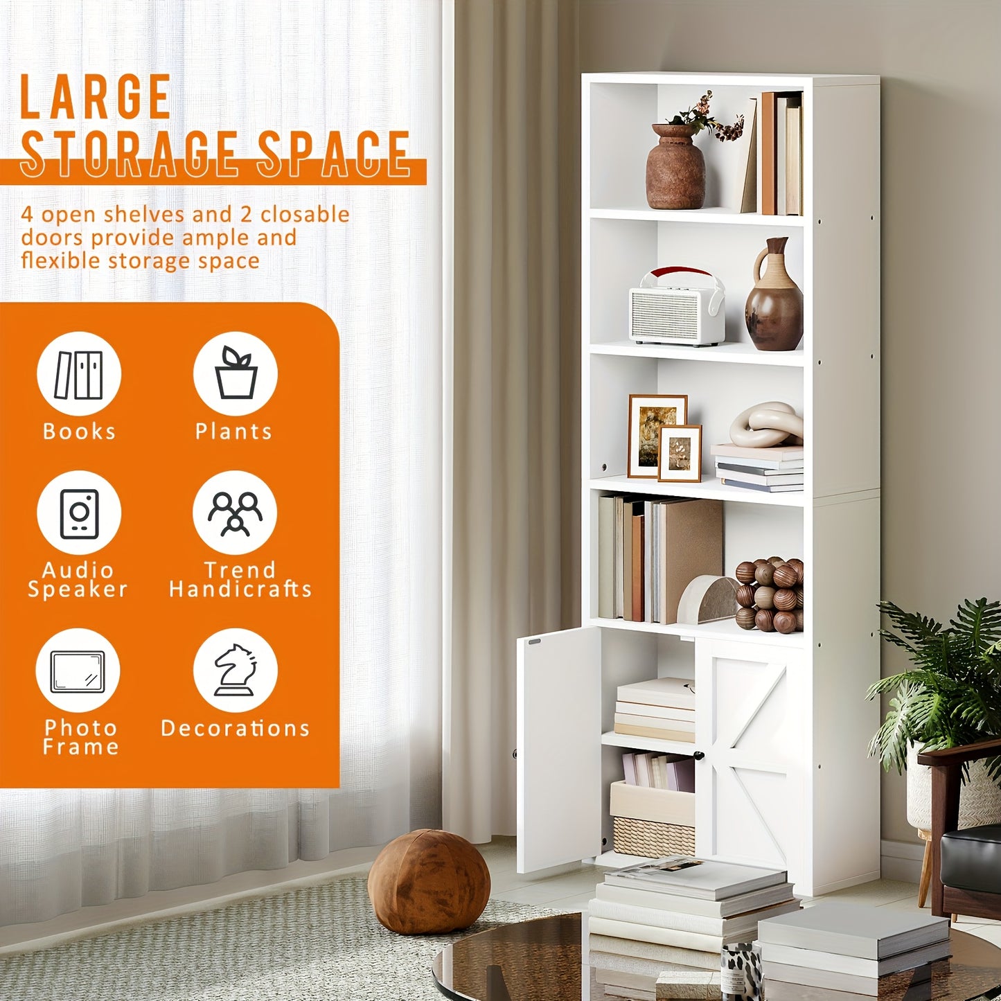 Modern Industrial 6-Tier Bookcase with Cabinet Doors - White & Black Wood Storage Shelf Unit, Space-Saving Floor Cabinet with Spacious Top Shelf, Easy Assembly, Sturdy -Tip Design for Living Room, Office, Bedroom - Multi-Purp