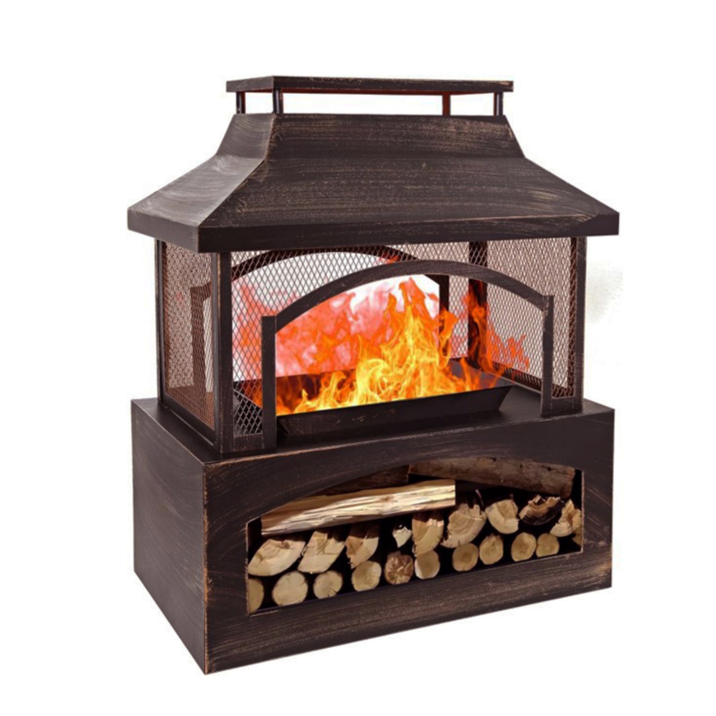 37 Inch Outdoor Wood Burning Fireplace with Wood Storage and Fire Poker, Large Metal Fire Pit for Patio Garden Deck Backyard, Rectangular Outdoor Fireplace